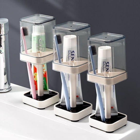 Ohmyroo Bathroom Toothbrush Holder Rack Standard Color Plastic Organizer with Wash Cup for Family Vanity Countertop Sanitary Gargle Station