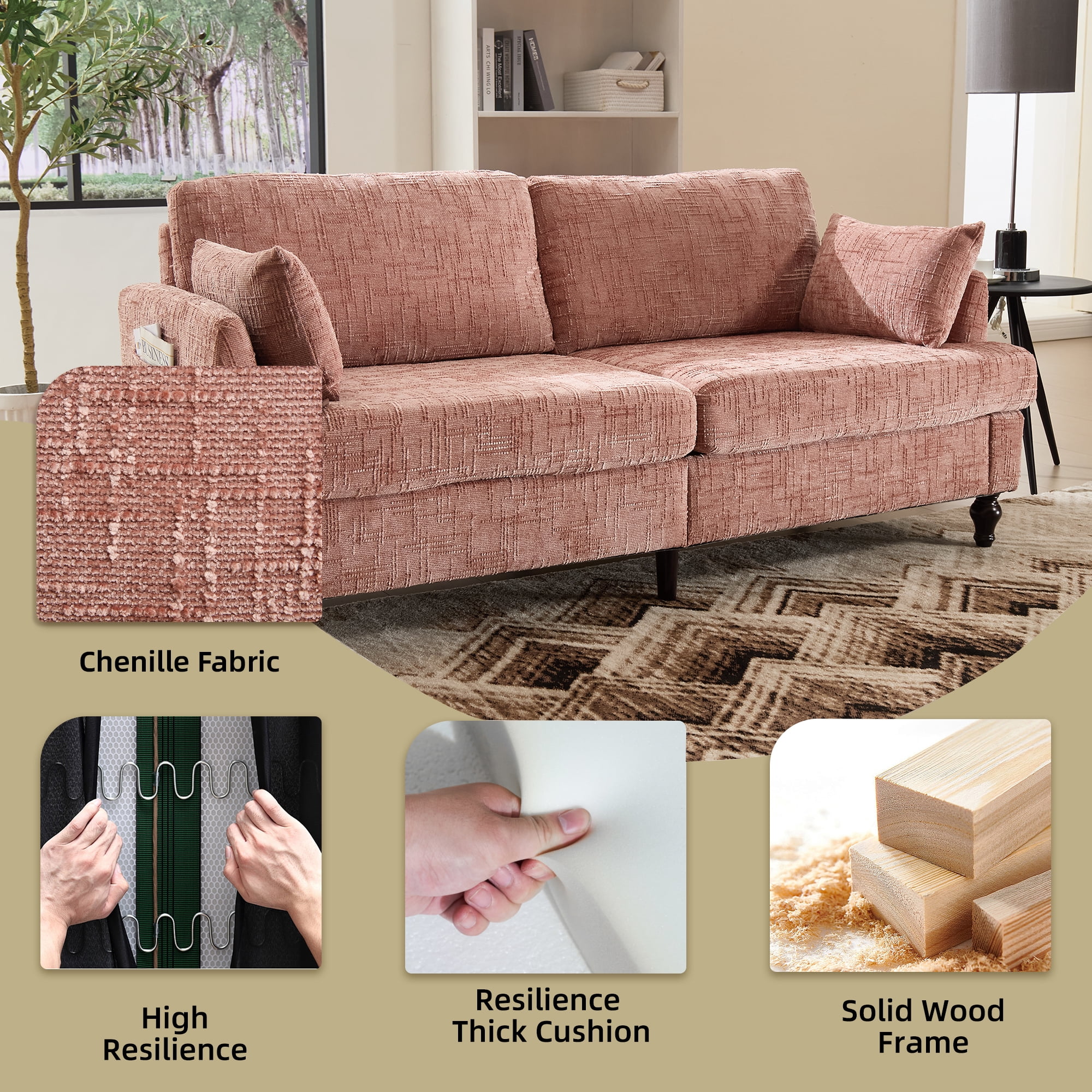 MOONMISS Chenille Upholstered Mid Century Modern Wood Frame Loveseats Sofa with LED light,USB and Side Pocket-Pink