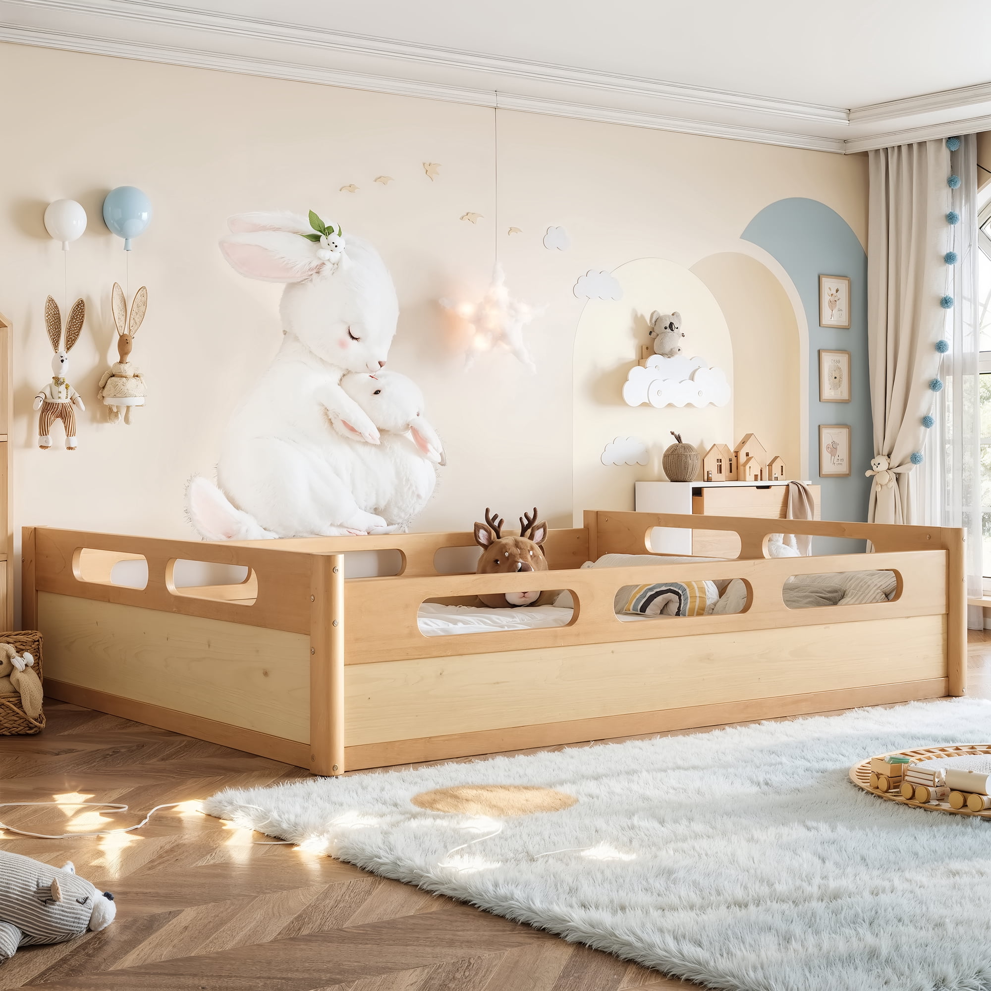 Leumius Queen Size Floor Bed with Full-length Guardrails,Low Profile Montessori Bed Frame,Easy Assembly, No Box Spring Needed,Natural