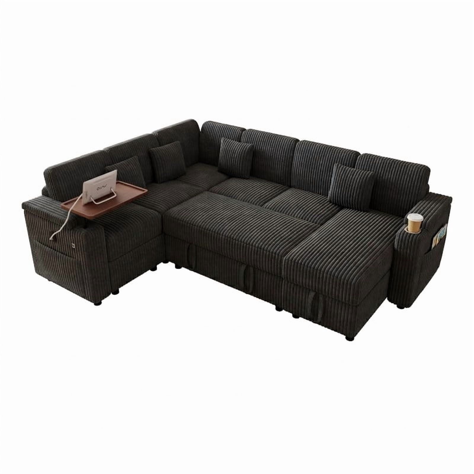 100" U-Shaped Sleeper Sofa with Pull-Out Bed, USB Charging Ports, Cup Holder, Flip-Top Table, Storage Chaise, Corduroy Sectional Couch for Living Room, Apartment & Guest Room