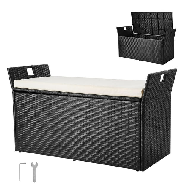 VEVOR Outdoor Storage Bench PE Rattan 90Gal Deck Box Waterproof Outdoor Seat & Storage