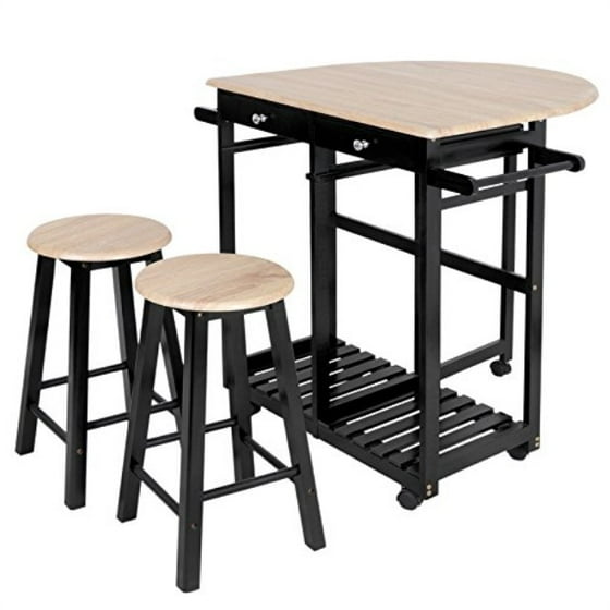 Zenchef 3 Piece Rolling Kitchen Island Trolley Cart Set Breakfast Bar Drop Leaf Folding Table W 2 Stools And Drawers Enj