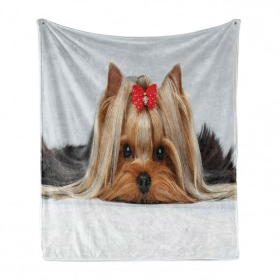 Yorkie Soft Flannel Fleece Throw Blanket, Lying Yorkshire Terrier Ribbon Pet Love Portrait of a Dog, Cozy Plush for Indoor and Outdoor Use, 70" x 90", Pale Caramel Sand Brown, by Ambesonne