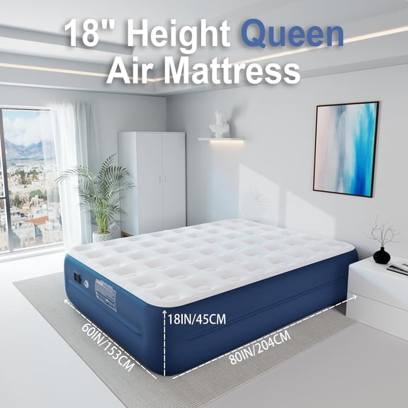 Air Mattress with Battery Pump, Rechargeable USB Electric Pump, Dutch Velvet Surface Self Inflatable Mattress Queen, Portable Air Bed for Camping, Indoor and Outdoor (18" Blue)