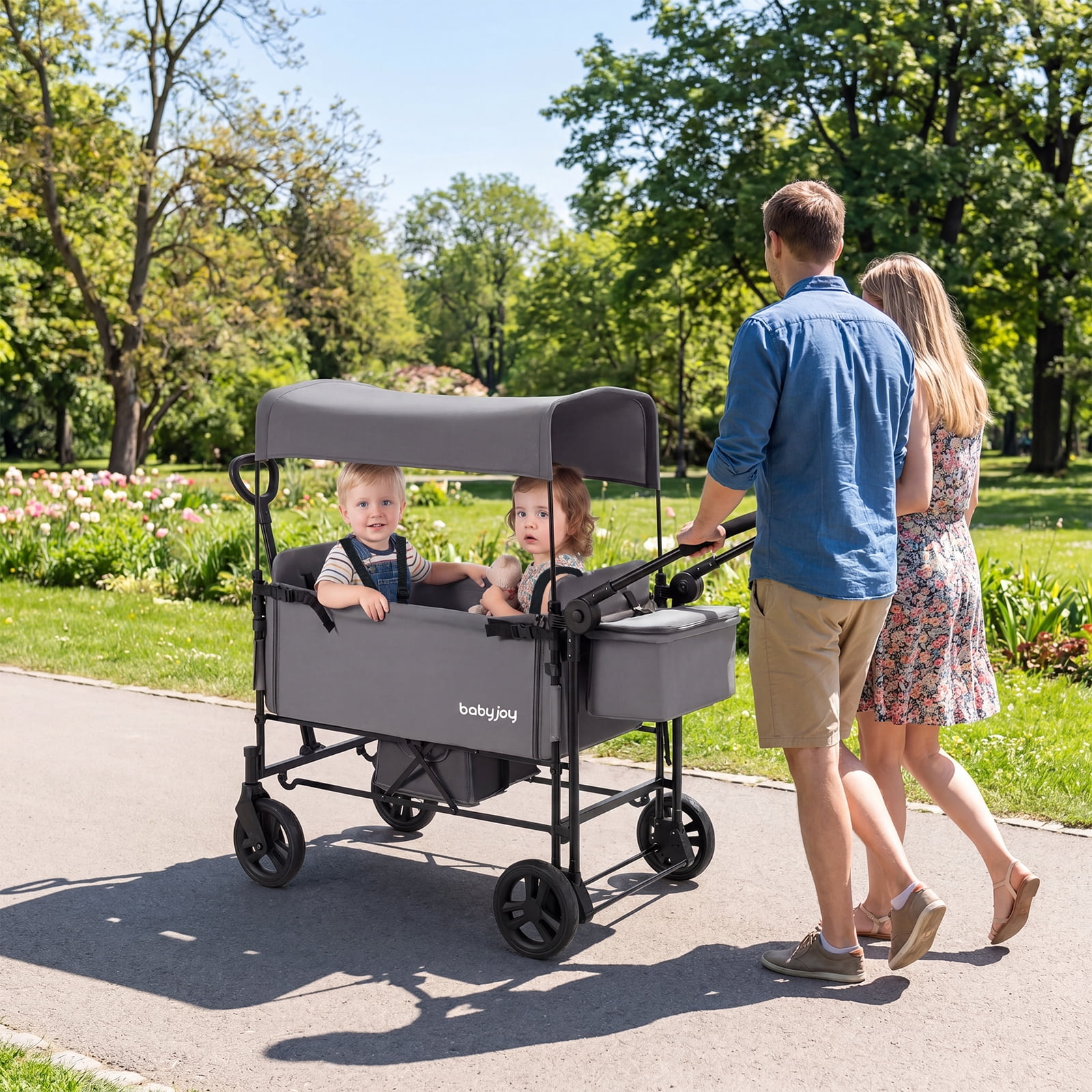 Babyjoy Foldable Wagon Stroller ,Baby Stroller with Removable Canopy,Adjustable Handle Gray