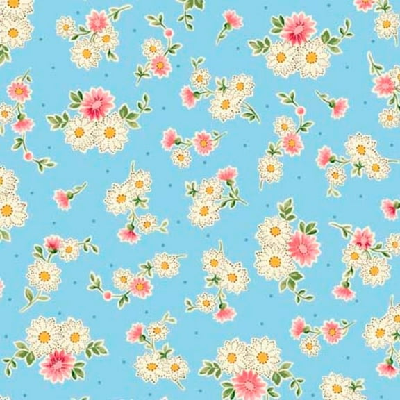 Vintage Blooms Spaced Floral Light Blue Cotton Fabric (Yard)