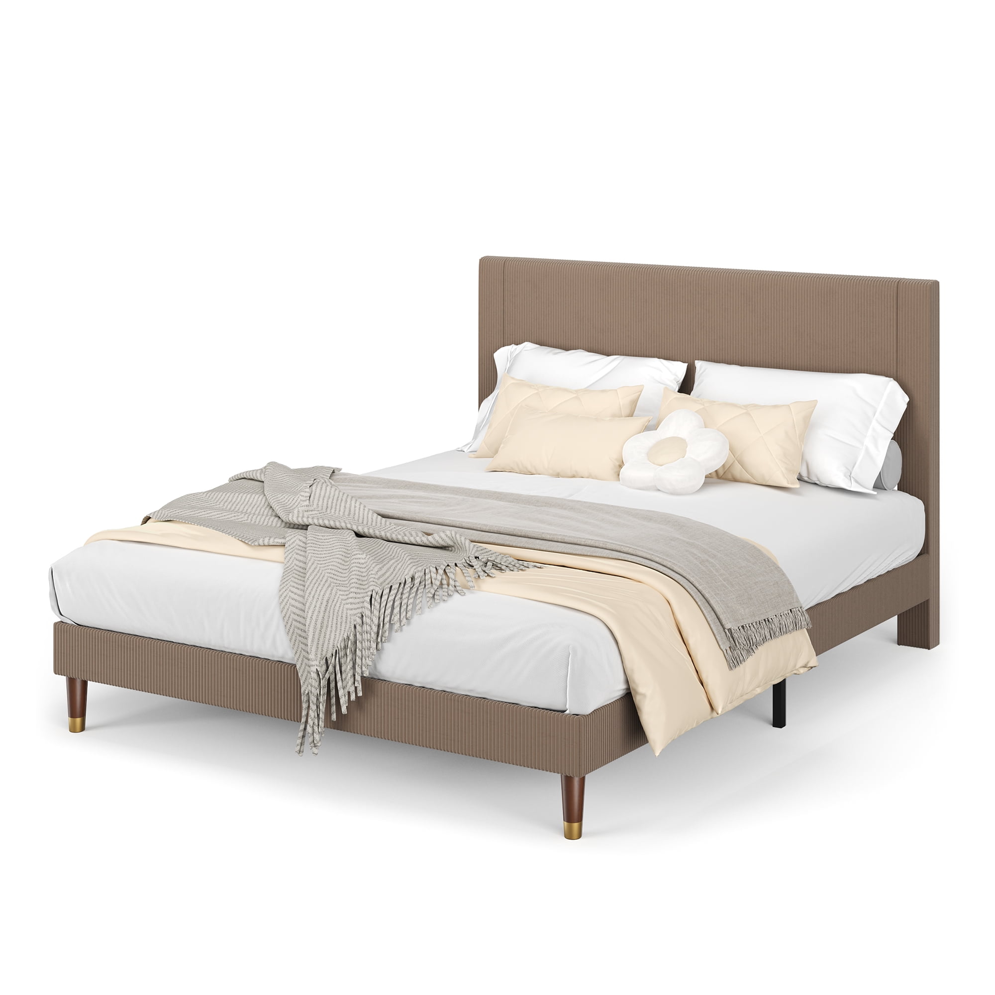 King Size Corduroy Bed Frame with Headboard, Heavy Duty Wood Slats, Noise-Free & Easy Assembly, No Box Spring Needed, Modern for Bedroom, Guest Room, Apartment