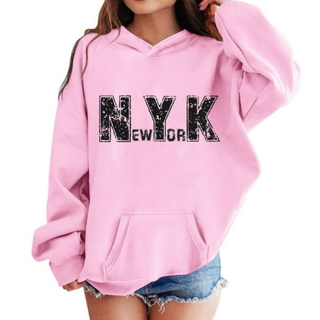 SGMVNU Hoodies for Girls Letter Print Graphic Hooded Sweatshirt Long Sleeve Casual Loose Pullover Tops for Kids Back To School Clothes Pink Size 3-4 Years
