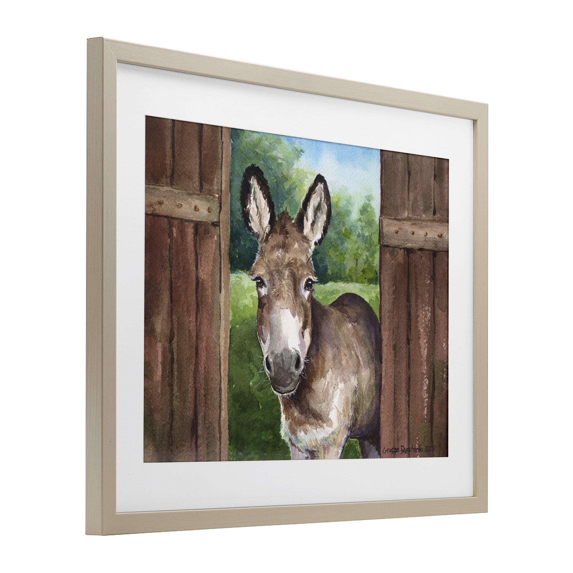 Stupell Industries Donkey in Wooden Gate Birch Framed Print Under Glass, design by George Dyachenko