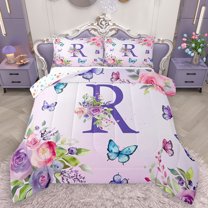 Homewish Flower Monogrammed R Full Size Comforter Sets for Kids, Cartoon Butterfly Bedding Comforter Set, Purple Initial Letter Reversible Bedding Sets, Lightweight Room Decor, 3 Pieces