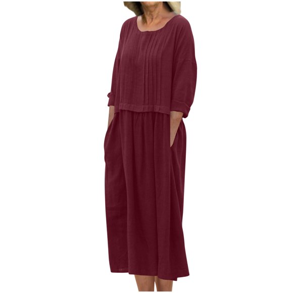 LOVZFMLL Women's Summer Dresses Short Sleeve Round Neck Maxi Sundress Casual Beach Vacation Long Dress with Pockets Wine M