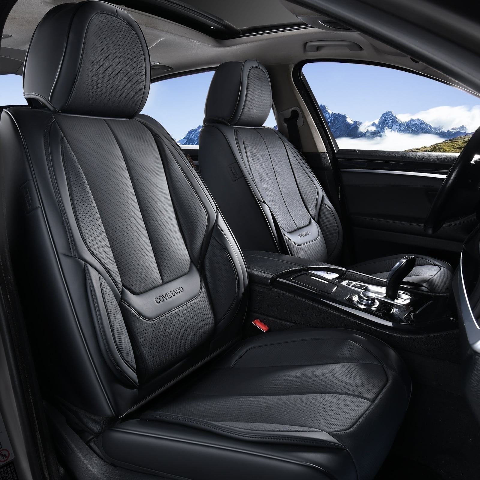 Coverado Black Front Car Seat Covers, Stylish Waterproof Premium Leather Automotive Seat Protectors, Airbag Compatible Auto Interior Accessories Universal Fit for Most Cars SUV Pick-up Trucks