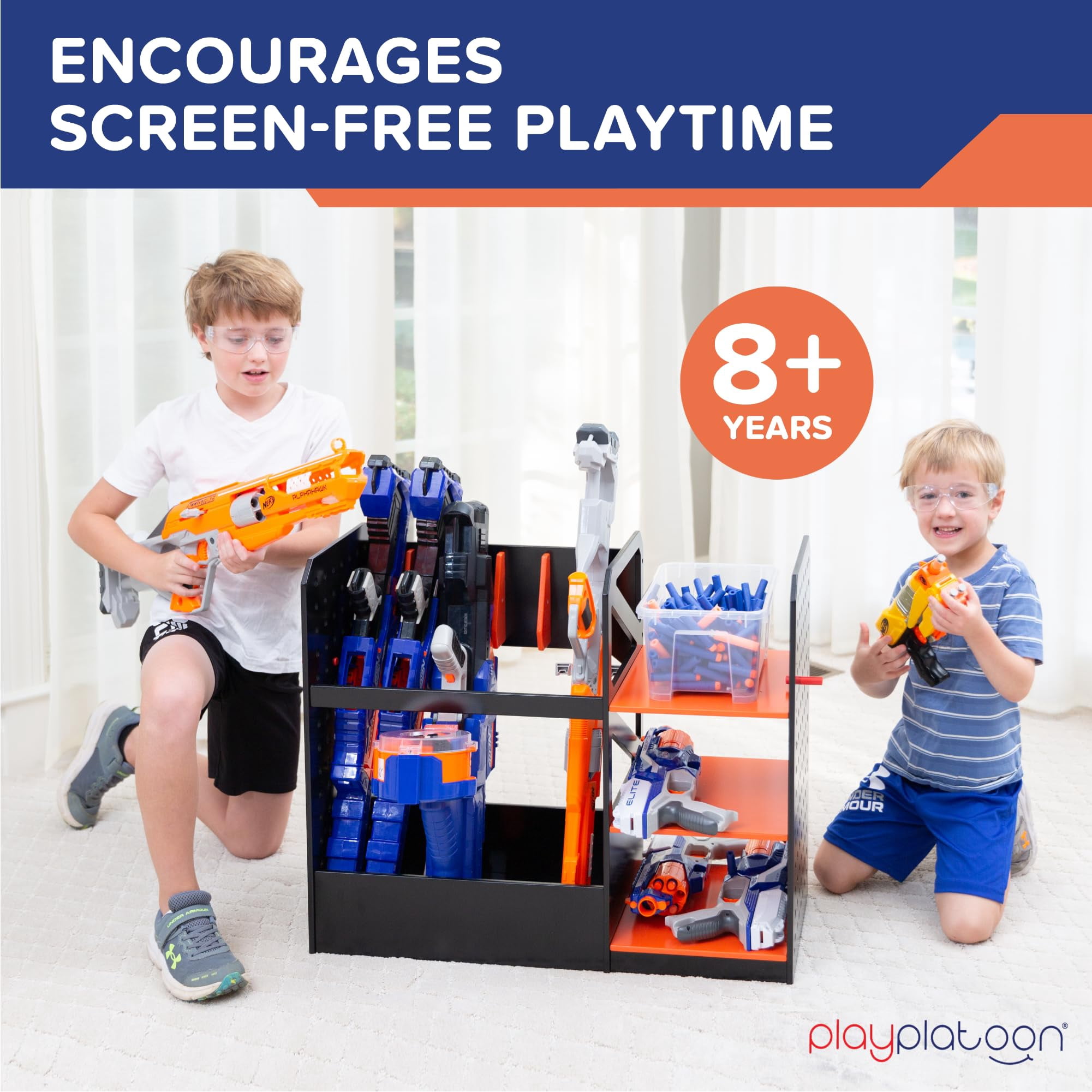 Play Platoon Storage Rack for Nerf Gun Storage & Nerf Accessories, Sturdy Wood Construction, Dart Holder & 6 Toy Gun Holder for Wall with Pegboard Wall Organizer - Includes 20 Pegs