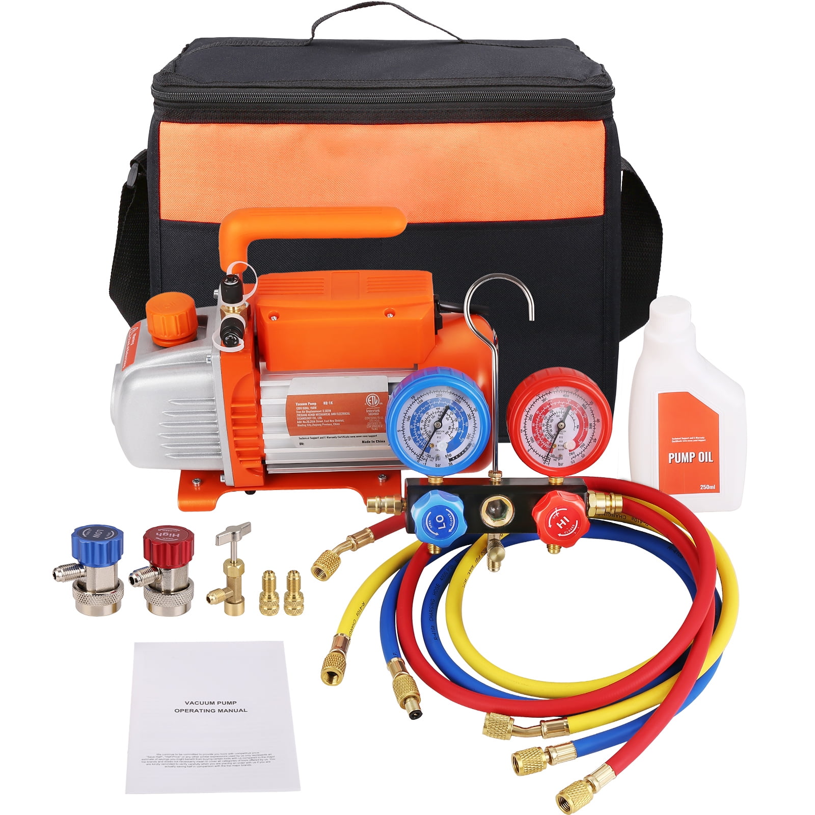 KFFKFF 1/5 HP 3.5 CFM Single Stage Rotary Vane Air Vacuum Pump and Gauge Kit, HVAC A/C Refrigerant Tool with Manifold Gauge and Tri-Color Hose, Carry Bag Included, Suitable for R134a, R410a