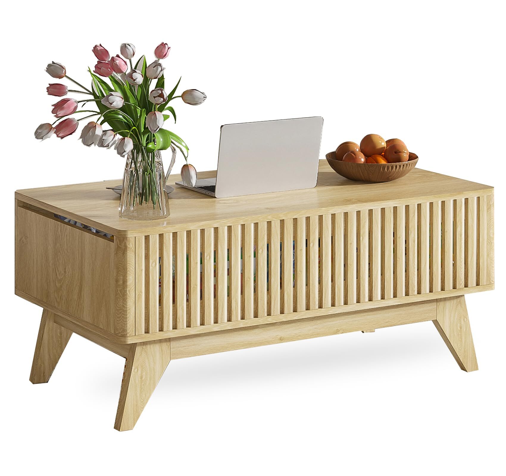 Lift Top Coffee Table with Hidden Storage, Mid Century Modern Fluted Farmhouse Center Table for Living Room, Wood