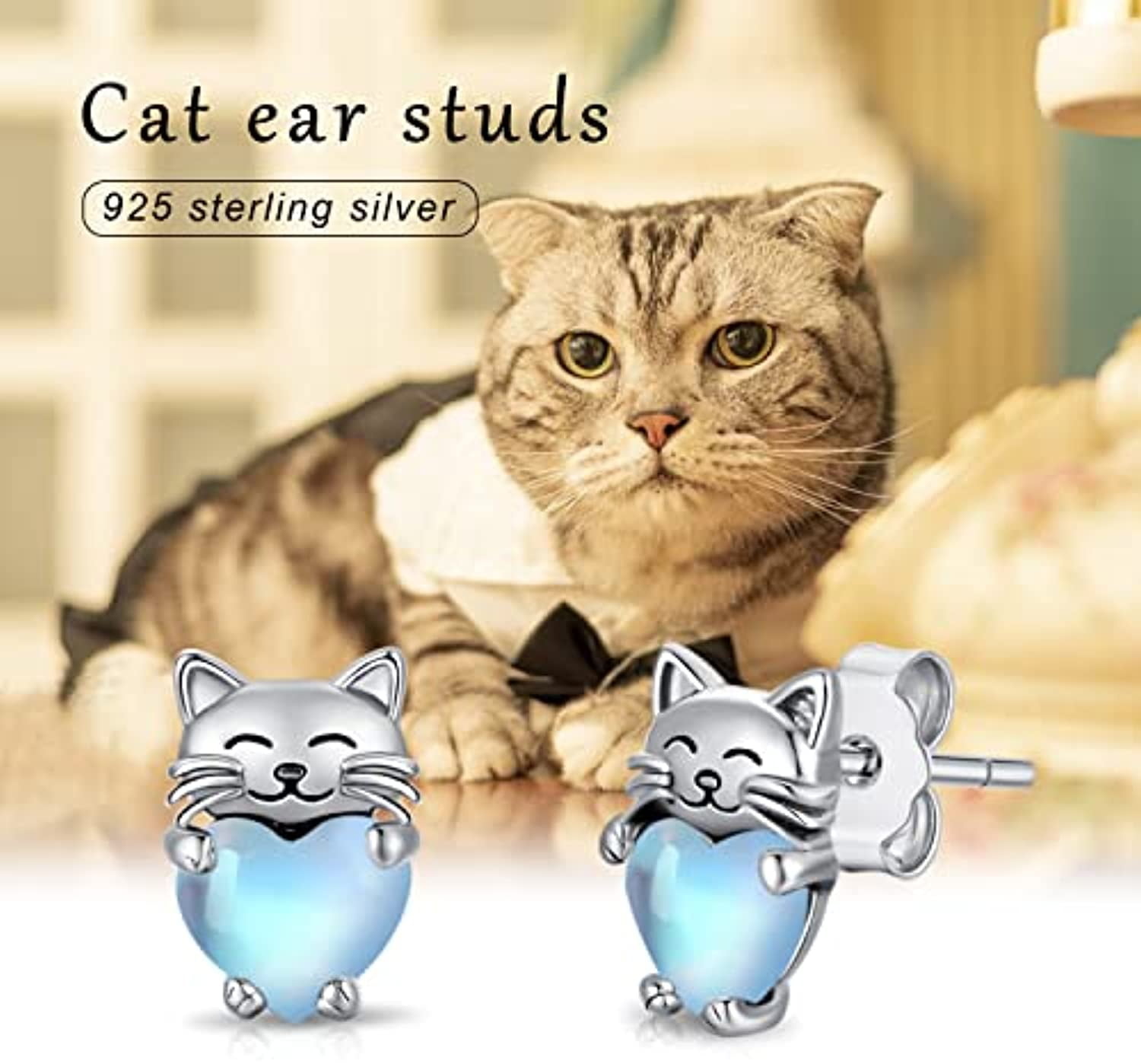 Midir&Etain Cat Earrings 925 Sterling Silver Cat Stud Earrings Crystal Earrings Cute Animal Earrings Low Allergy Cat Stud Earrings Cat Jewelry Women's Gift