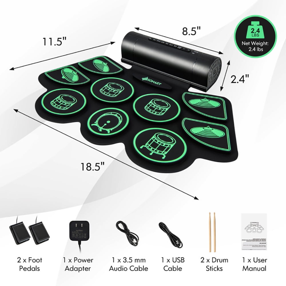 CIPACHO Electronic Drum Set with 2 Build-in Stereo Speakers for Kids, Roll-up Drum Pad for Kids, Great Holiday Xmas Birthday Gift, Green