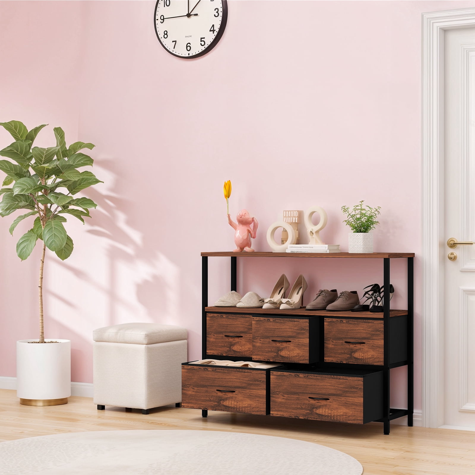 Small TV Stand, Brown Dresser TV Stand for Bedroom, Entertainment Center for 45 Inch TV with Drawers, Fabric, Adjustable Feet, Living Room