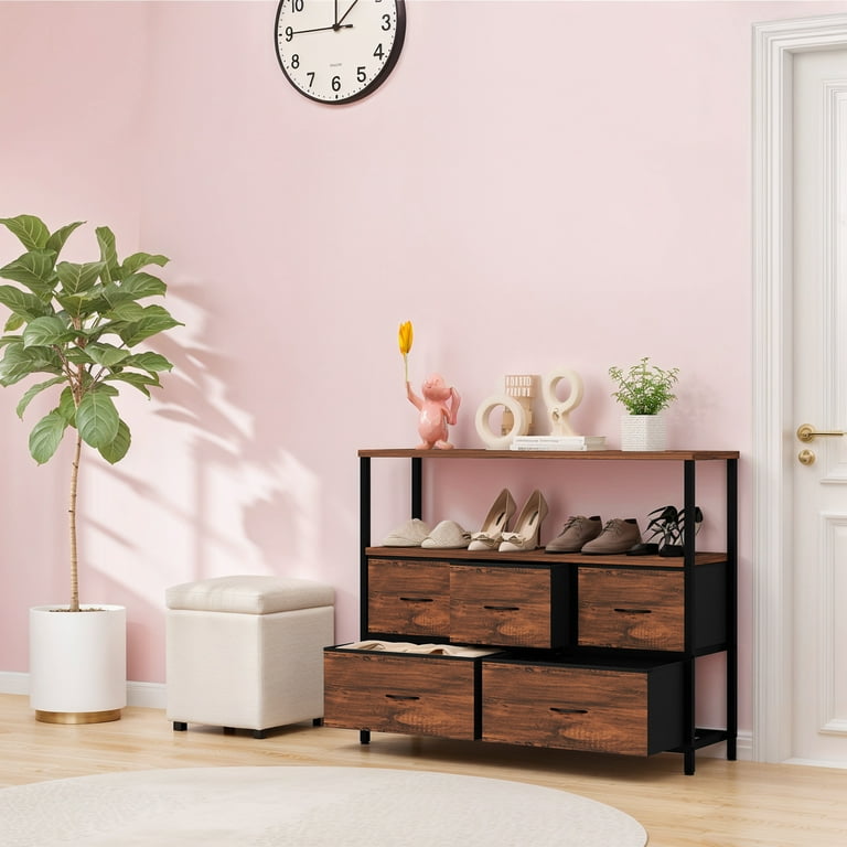 Small TV Stand, Brown Dresser TV Stand for Bedroom, Entertainment Center for 45 Inch TV with Drawers, Fabric, Adjustable Feet, Living Room