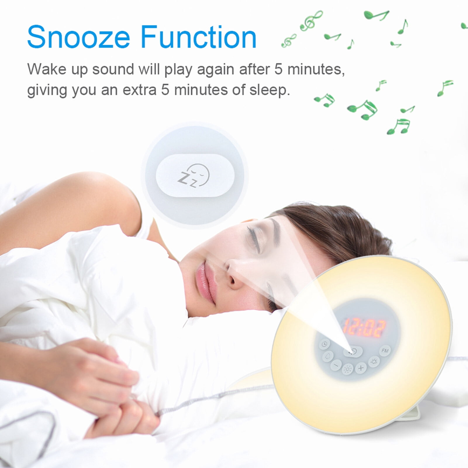 Leyfeng Wake Up Light Alarm Clock Sunrise/Sunset Simulation Digital Clock with FM Radio 7 Colors Light Nature Sounds Snooze Function Touch Control