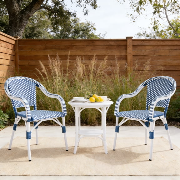 Christopher Knight Home French Cafe Wicker Outdoor Dining Chairs, Aluminum Frame, White Blue, Set of 2