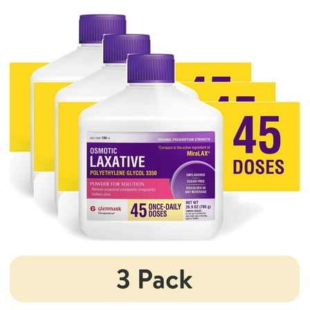(3 pack) Glenmark Therapeutics Polyethylene Glycol 3350 Powder (Compare to MiraLAX), Osmotic Laxative, Softens Stool, Relieves Occasional Constipation, Powder for Solution, 26.9 Ounce