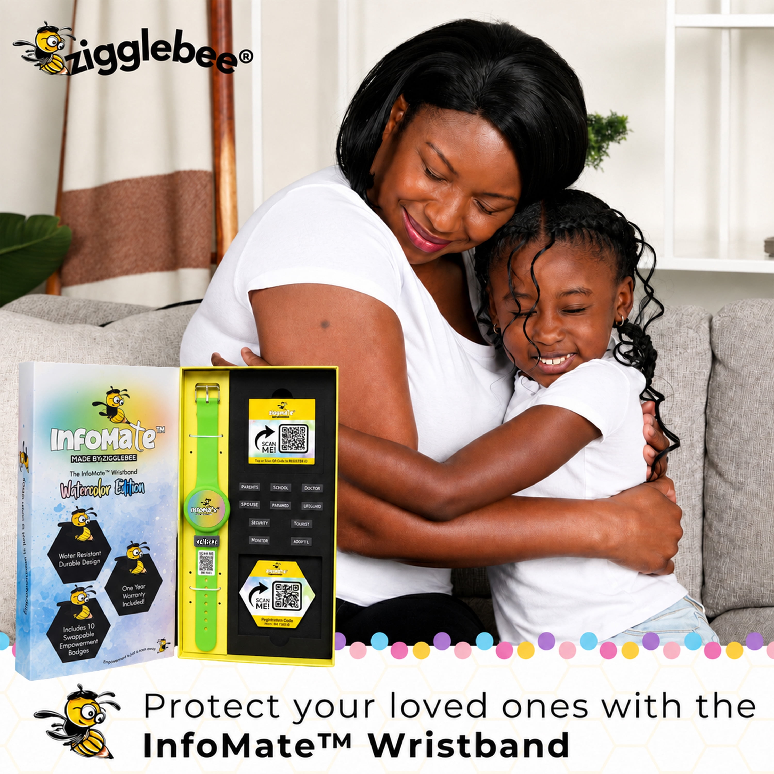 InfoMate by Zigglebee QR Code Medical Bracelet and AirTag Holder Wristband, Lime Green, Pin Buckle