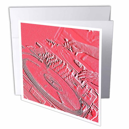3dRose Red music DJ spinning records discs and playing with deejay equipment and controls - grunge art  Greeting Cards  6 x 6 inches  set of 6