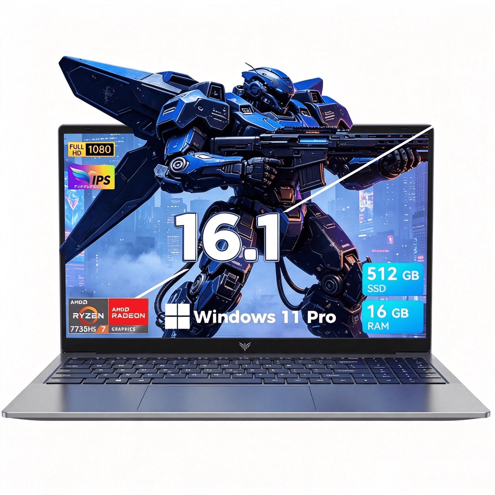Gaming Laptop 16" FHD, AMD R7 7735HS, 16GB DDR5, 512GB SSD, Windows 11 Pro - Grey