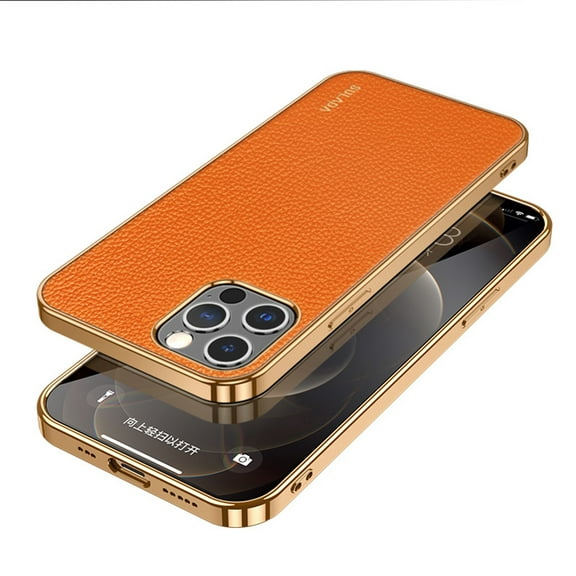SaniMore for iPhone 13 Pro Max (6.7" 2021) Case, PU Leather Skin & Metal Bumper Shockproof PC Backplane, Wireless Charging Slim Magnetic Vintage Shell, Anti-drop Anti-scratch Cover, Orange