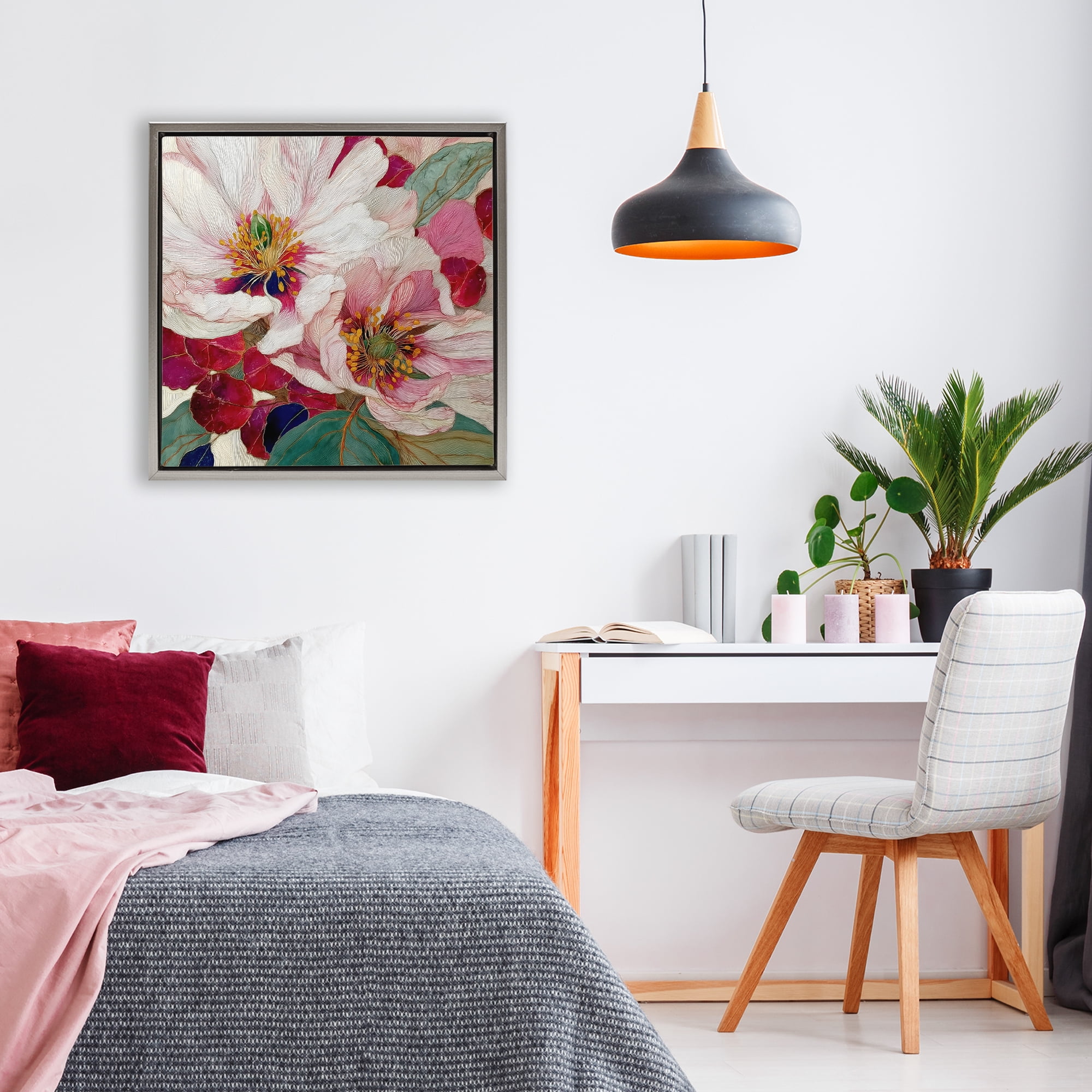 Cimarron Flowers Ornate Details Gray Framed Floater Canvas Wall Art, design by Annabelle Hall