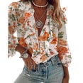 thumbnail image 1 of Bowanadacles Women Button-down Ruffle Shirt V-neck Long Sleeve Blouse, 1 of 6