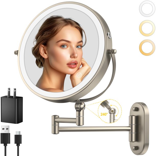 Espejo de maquillaje IMIKONA 9 montado en la pared 1X/10X con luz de 4000 mAh
