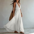 thumbnail image 4 of Halter Neck V-Neck Sleeveless Maxi Dress Solid Color Flowy Dress Casual Summer Party Evening Gown for Women White XL(XL), 4 of 8