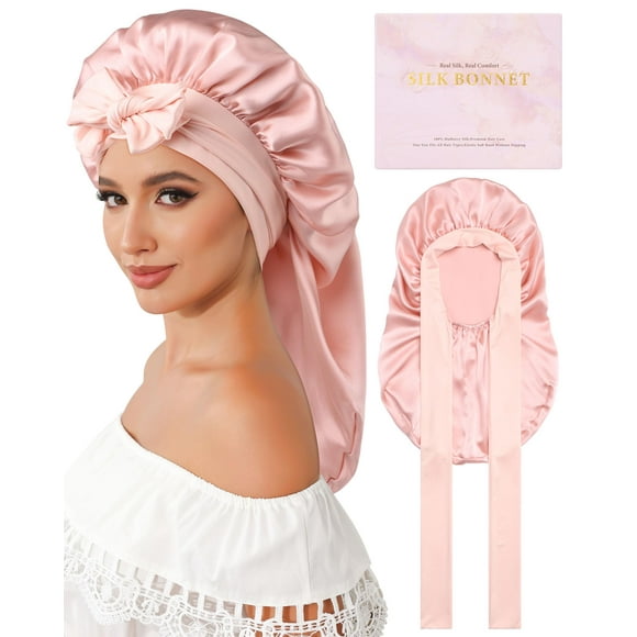 Gorro de seda AWAYTR 100% seda de morera para cabello largo (rosa)