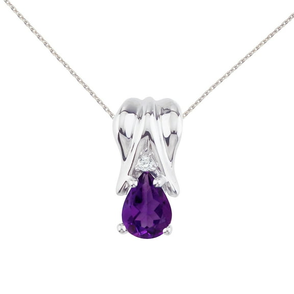 14k White Gold Amethyst and Diamond Pear Shaped Pendant with 18" Chain