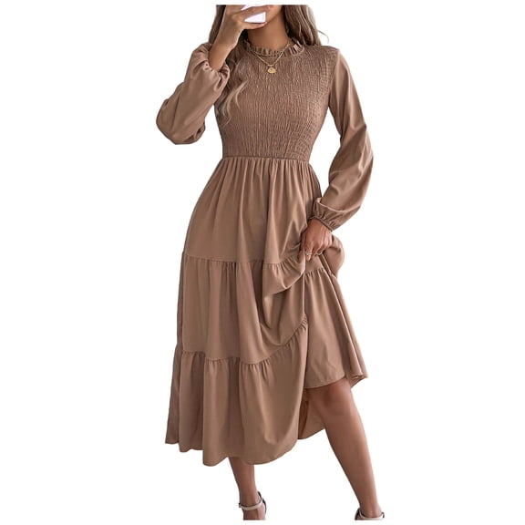 DeHolifer Women Dresses Solid Color Long Sleeve Crewneck Maxi Dress A-Line Swing Flowy Long Dress Khaki M