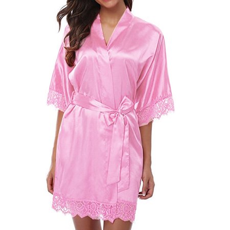 

JNANEEI Women Lady Kimono Robe Floral Lace Trim Nightgown Nightwear V-Neck Bathrobe