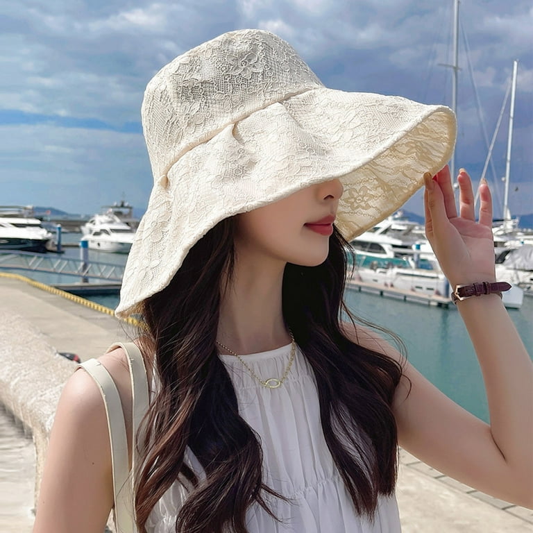 Womens Outdoor Big Head Big Head Sun Hat Lace Bucket Hat 