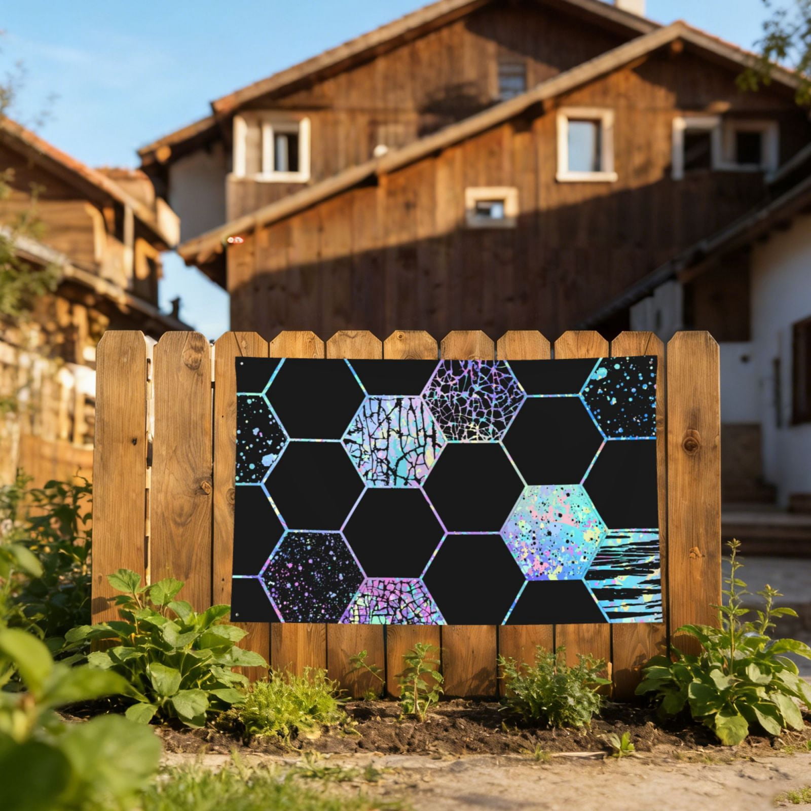 Geometric Hexagon Modern Black Blue Four Hole Decorated Banner Flag for Garden Yard Home Decoration Indoor Outdoor 4x6 Ft