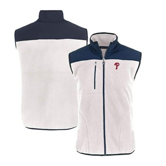 Men's Cutter & Buck White/Navy Philadelphia Phillies Cascade Eco Sherpa Fleece Full-Zip Vest