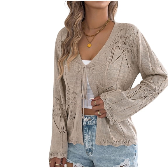 Lmueinov Cardigan Sweaters for Women Openwork Tie Front Long Sleeve Hollow Out Lightweight Knit Cover Up Trendy Summer Fall Beach Vacation Daily Shrugs