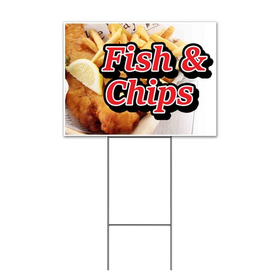 Fish & Chips (18" x 24") Yard Sign, Includes Metal Step Stake