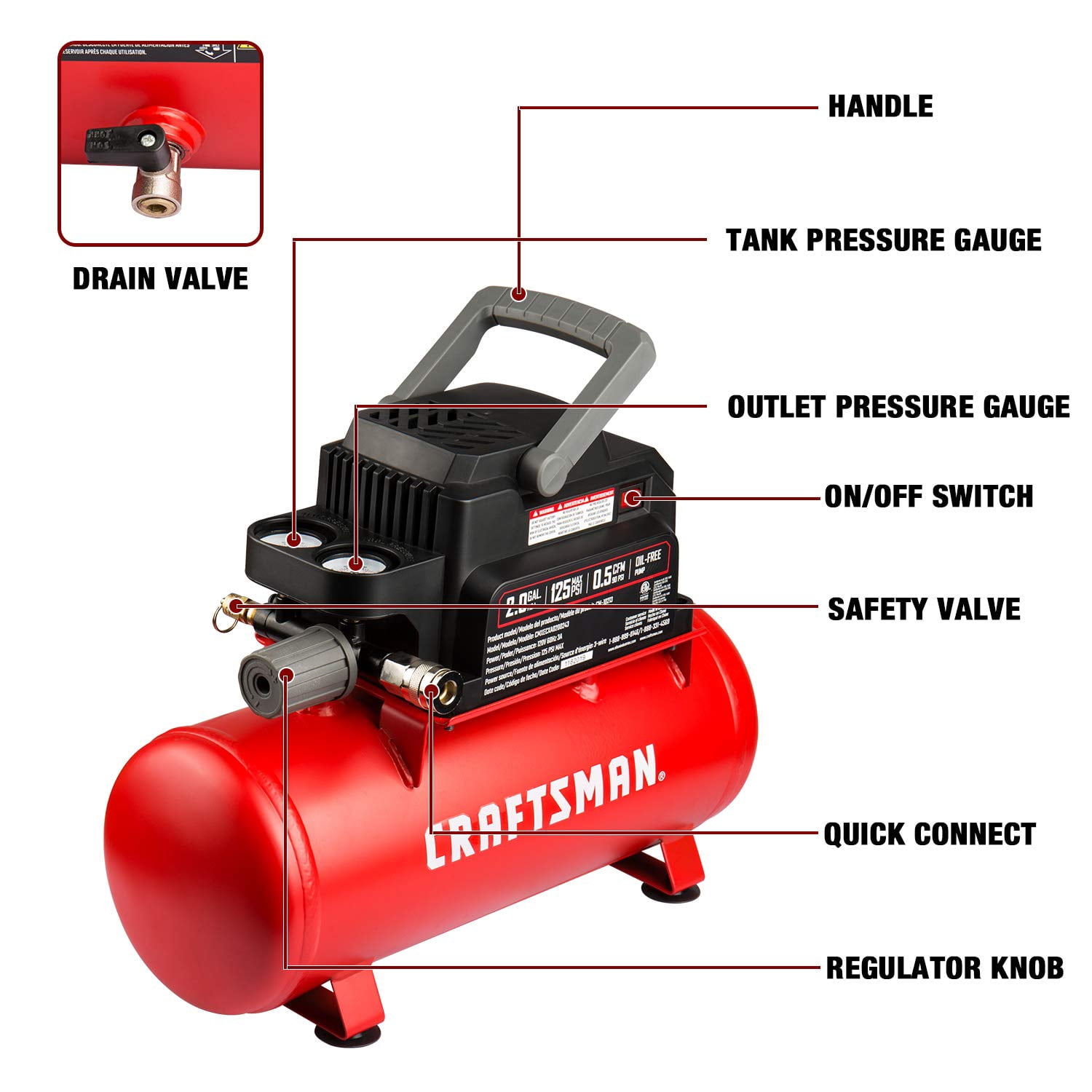 Craftsman 2 gal Horizontal Portable Air Compressor Tank 125 psi 0.3 HP