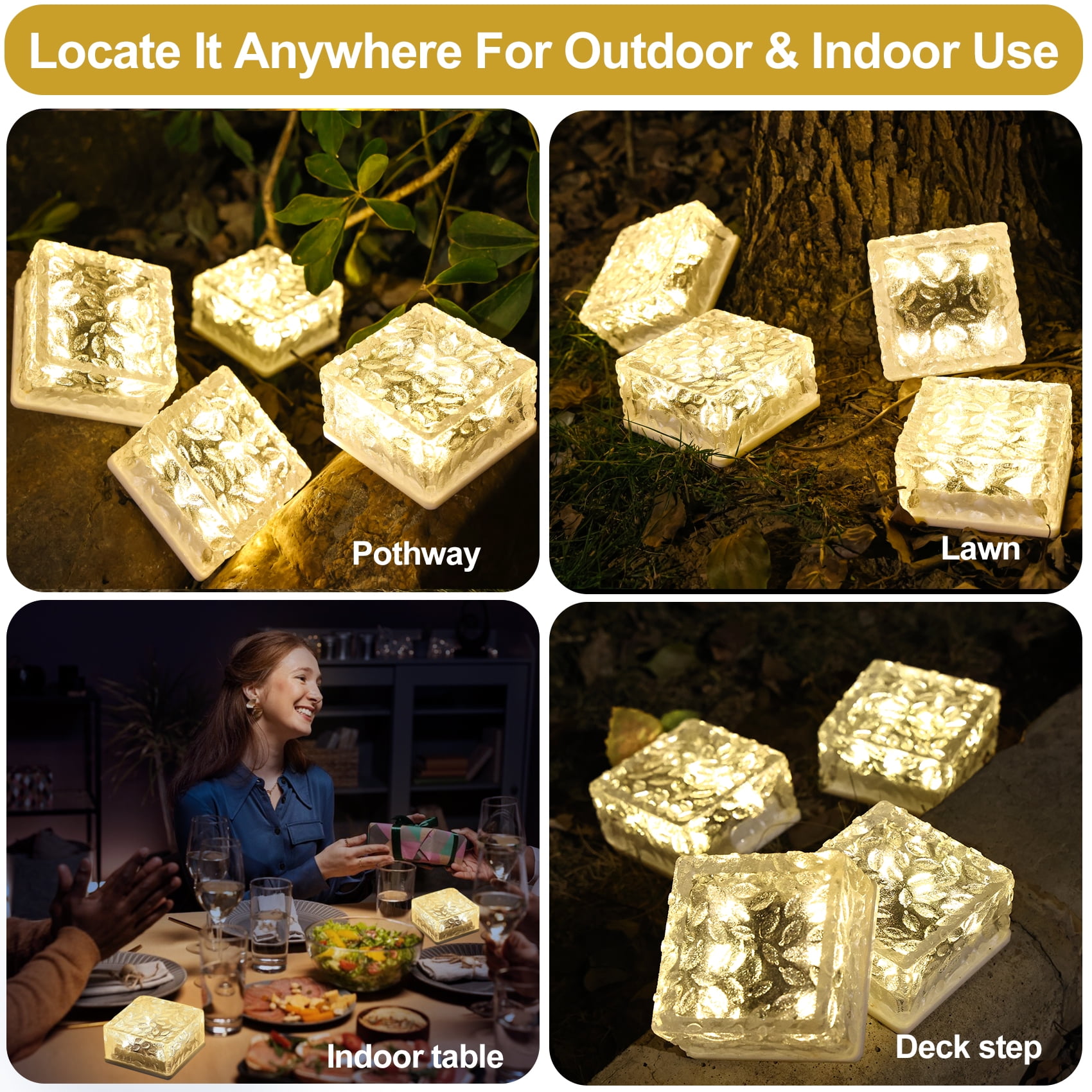 4"X4" Solar Brick Lights, 4 Pack Outdoor Solar Lights, Pavers Lights,Solar Pathway Lights Outdoor Waterproof for Garden Courtyard Pathway, Ice Rock Cube Lights (Warm White)