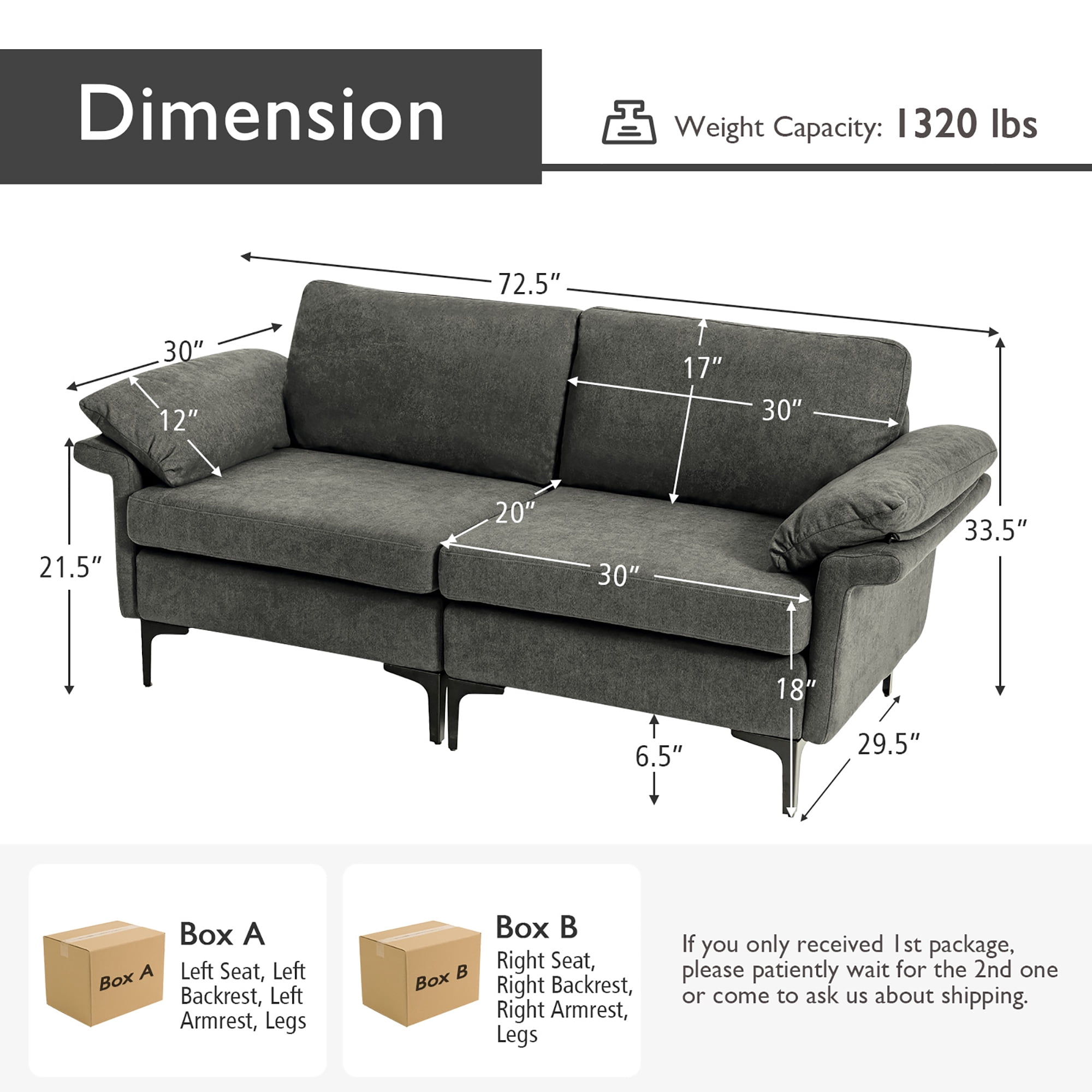 Costway Modern Loveseat Fabric 2-Seat Sofa Couch for Small Space with Metal Legs Grey
