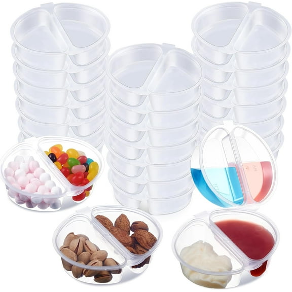 BlinkLLX 10 Pcs 4 oz Snack Containers Clear Disposable 2 Compartment Snack Containers, Double Compartment Condiment with Lid, Plastic Condiment for Sauce, Candy, Salad Dressing, Travel