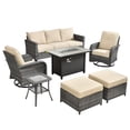 thumbnail image 2 of ODELIO 7-Piece Wicker Patio Furniture Set, All-Weather Rattan Conversation Set with Propane Fire Pit Table & Swivel Rocking Chairs, Outdoor Sectional Sofa with Ottomans & Side Table, Beige, 2 of 10
