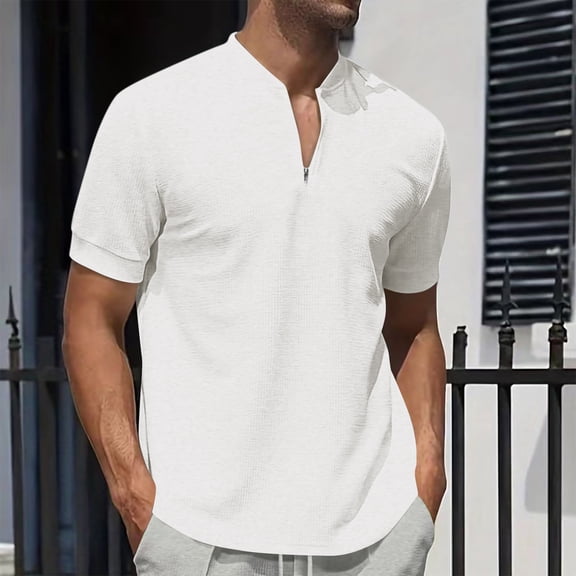 tarylea Mens T-Shirts Short Sleeve Notch Neck Zipper Tops Casual Loose Summer Solid Color Dressy Shirts