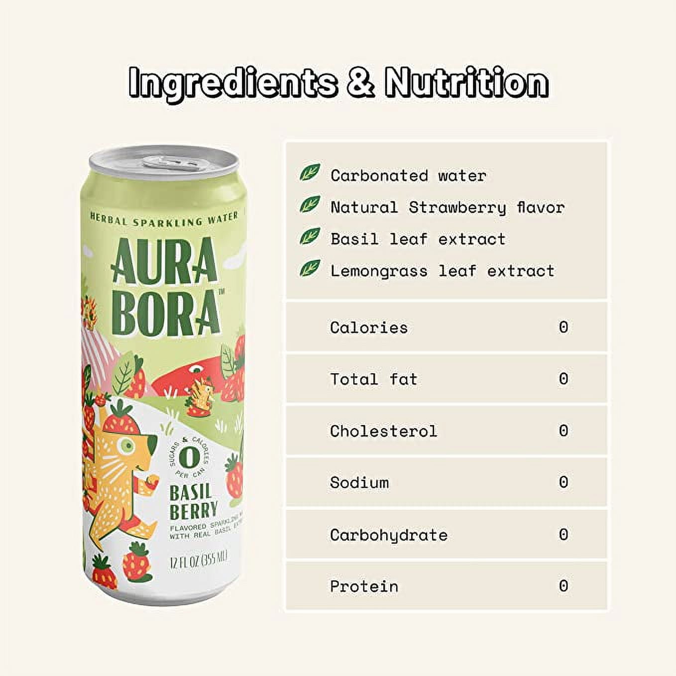 Basil Berry Herbal Sparkling Water by Aura Bora, 0 Calories, 0 Sugar, 0 Sodium, Non-GMO, 12 oz Can (Pack of 12)
